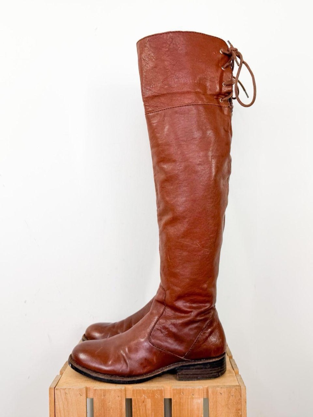Vince Camuto Light Brown Leather Over the Knee Lace Up Back Boots Size 9.5